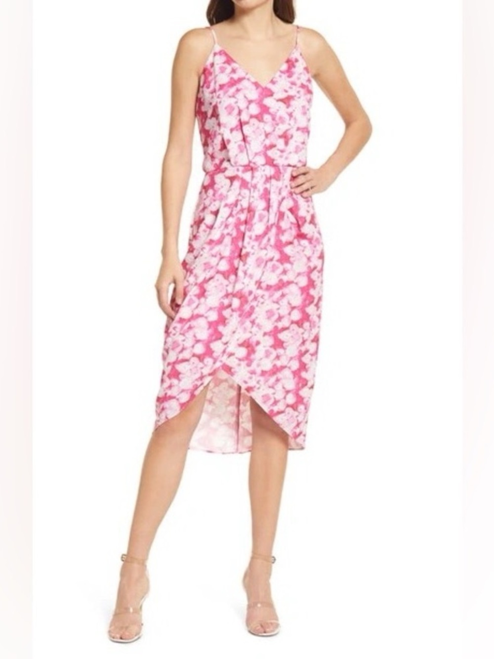 Chelsea28 Pink Floral Asymmetrical Wrap Midi Dress with Spaghetti Straps